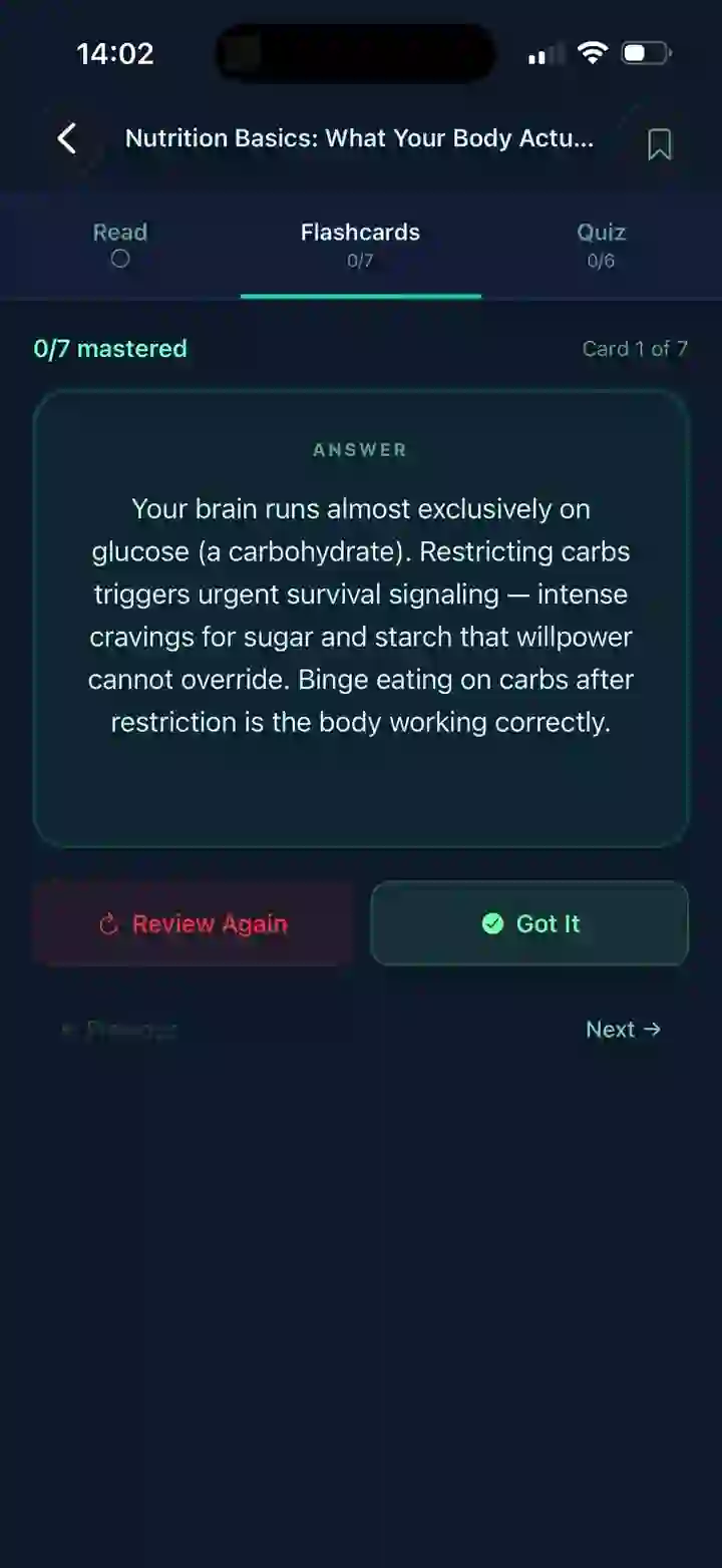 A flashcard in Soleo explaining why restricting carbohydrates triggers cravings