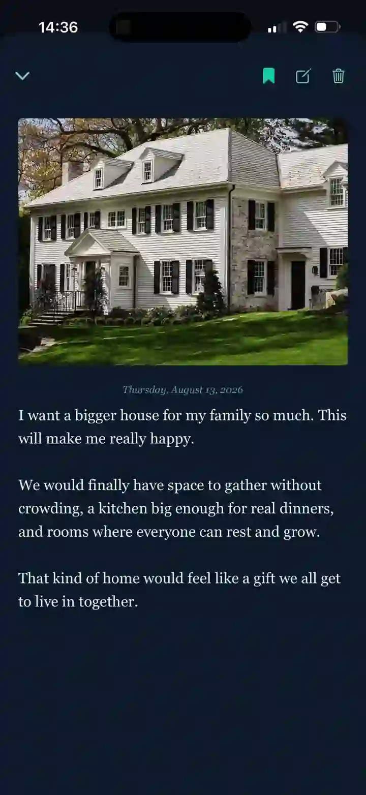 A journal entry in Soleo's My Why, a photograph of a house with a handwritten reason underneath